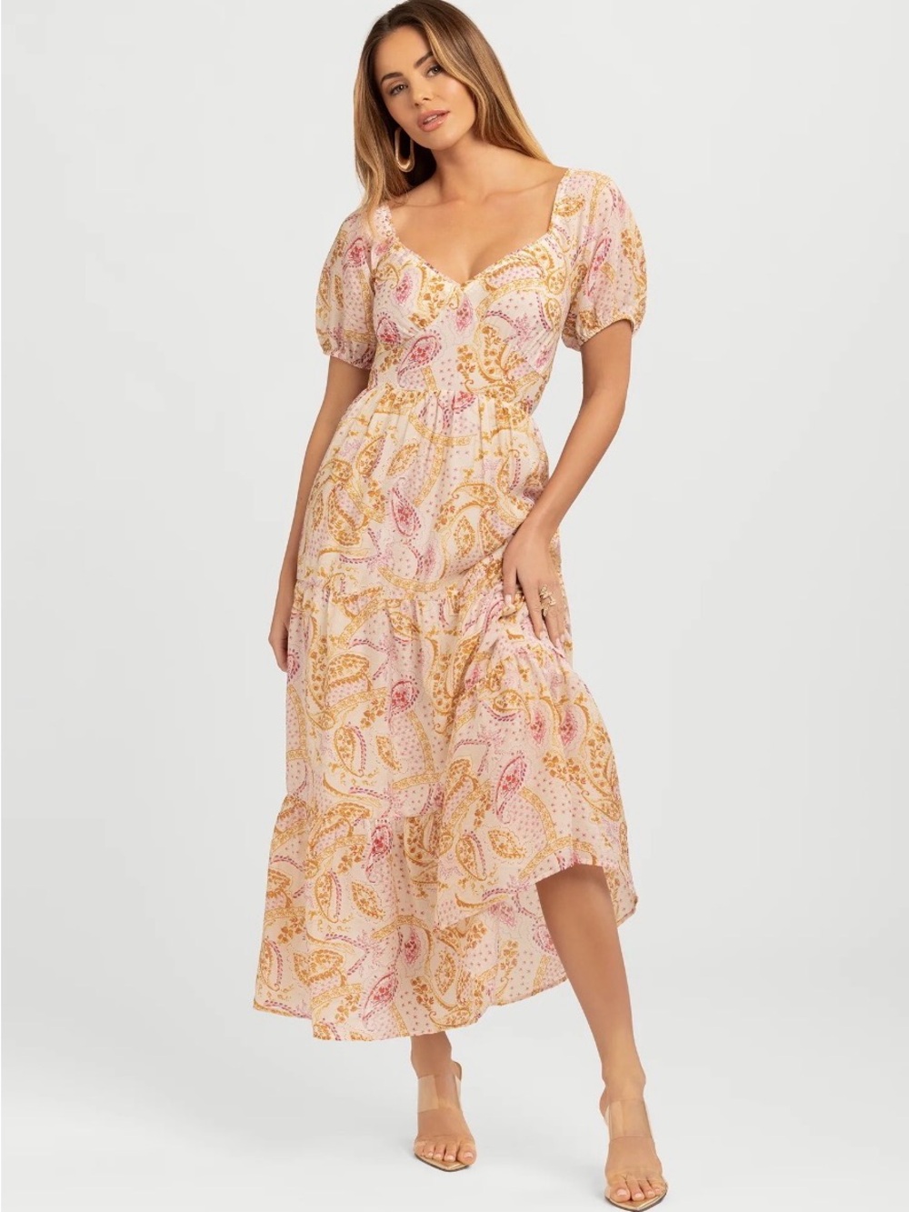 Jessica Simpson Pink and Gold Paisley Tiered Maxi Dress
